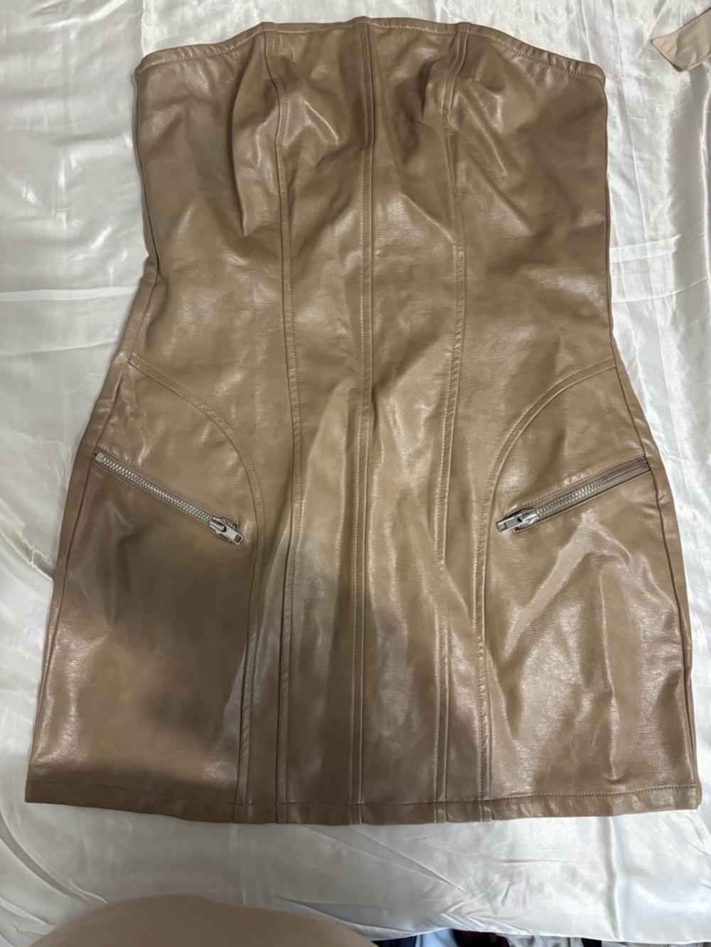 Fashion Nova Taupe Strapless Faux Leather Mini Dress